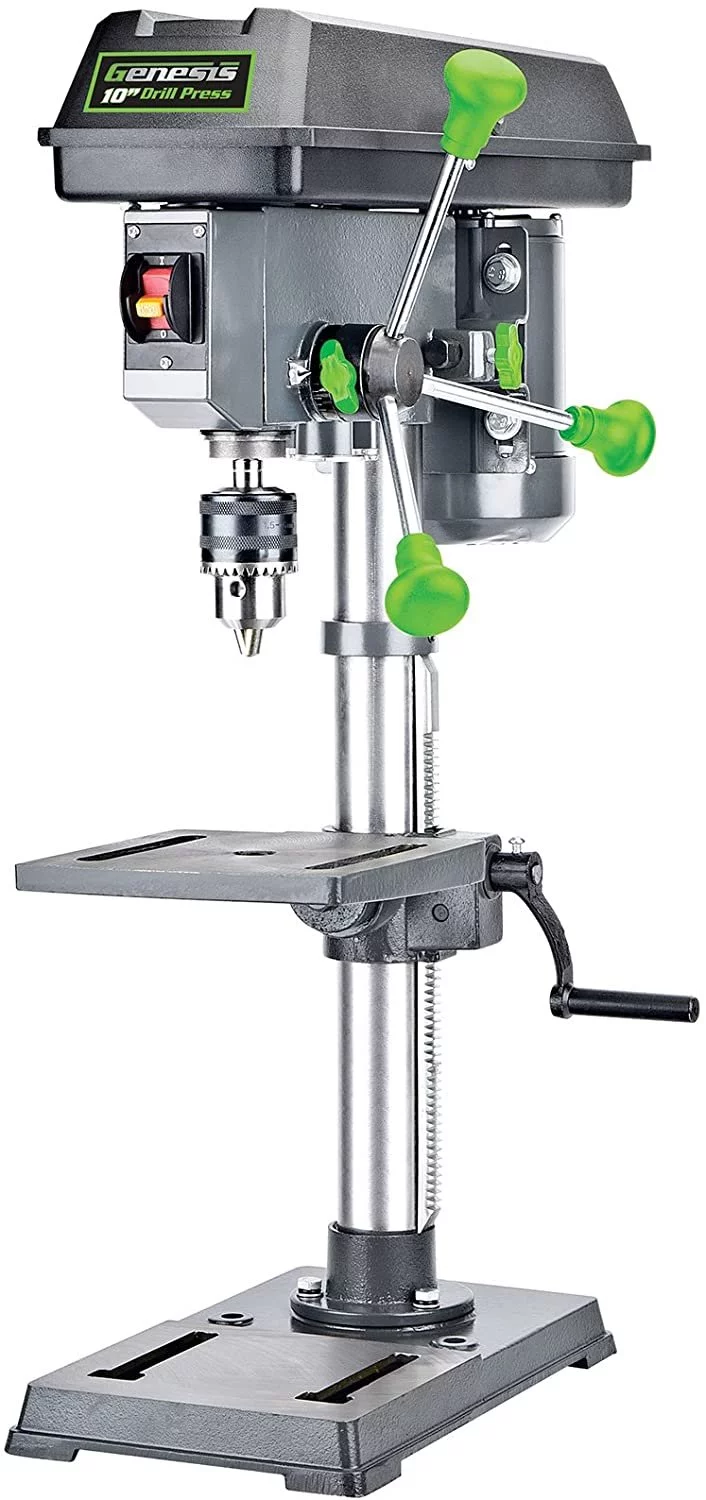 Genesis GDP1005A 10" 5-Speed 4.1 Amp Drill Press with 5/8" Chuck, Integrated LED Work Light, and Table that Rotates 360 and Tilts 0-45