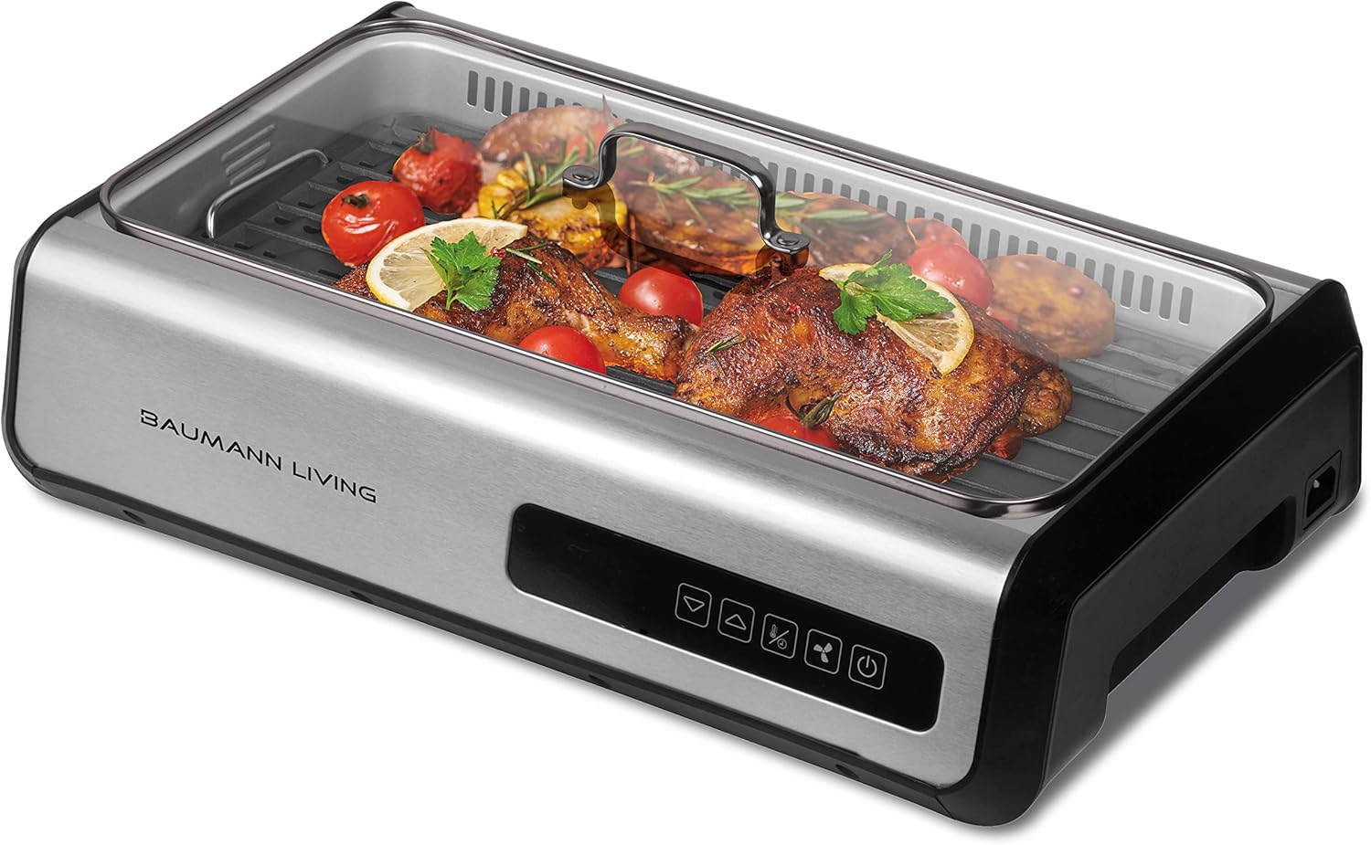 Indoor Smokeless Grill 1500W with Smart LED Touch Screen, Tempered Glass Lid, 2 Removable Ceramic Nonstick Grill & Griddle Plate