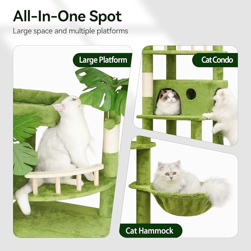 77in Cat Tree with Leaves for Indoor Cats Large Adult,Tall Cat Tower with Scratching Post, Large Cat Tree with Two Cat Condos, Soft Hammocks