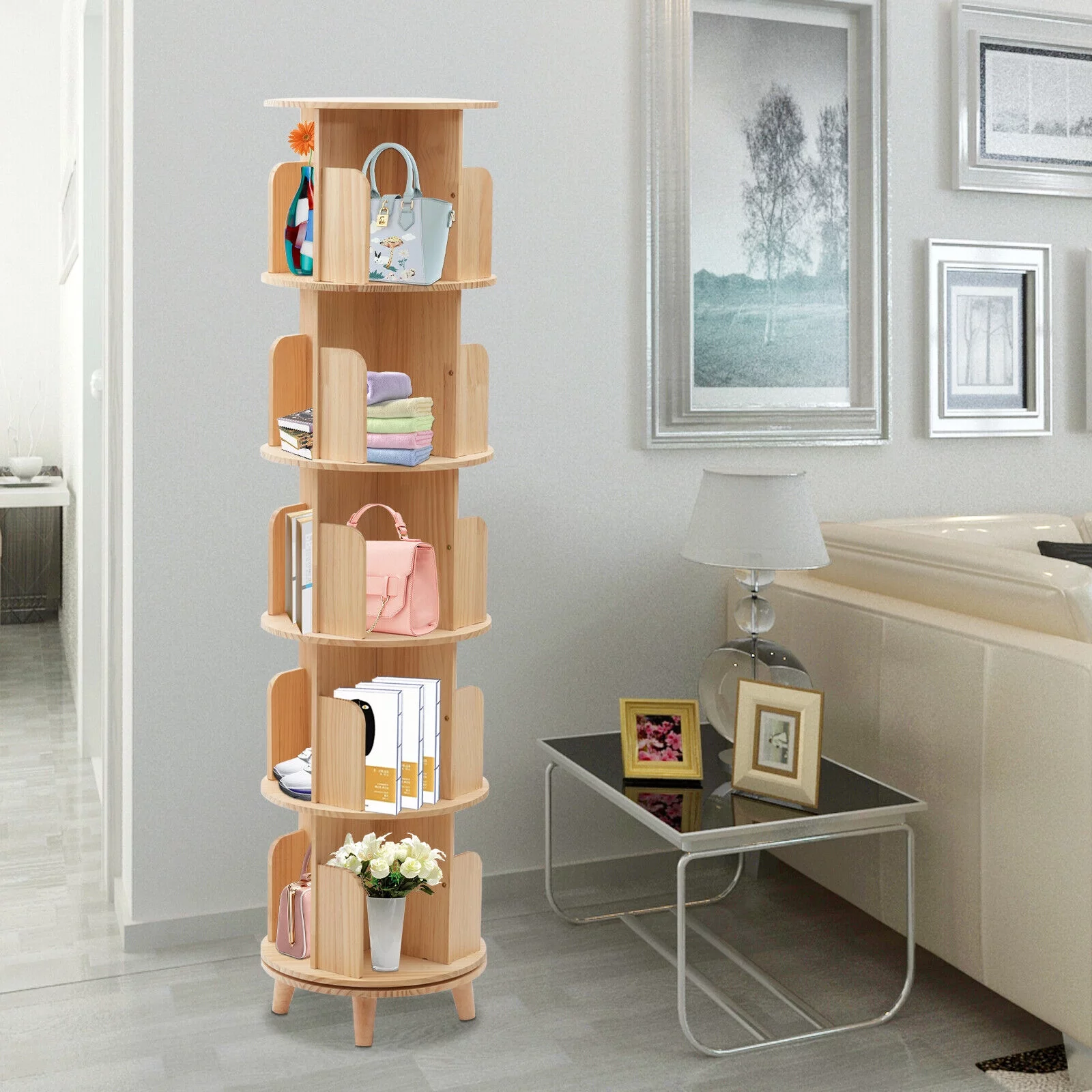 Miumaeov Upgraded 5 Tier Tall Rotating Bookshelf with Legs Large Stackable Bookshelf Wooden Storage Bookcases Book Display Rack Shelves for Study