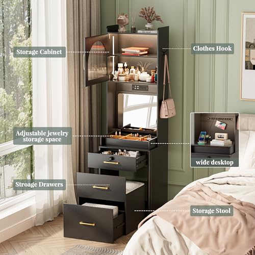 NUNU LAB 42 Inchs Large Vanity Desk with Mirror and Lights with 6 Drawers and 4 Cabinets, Big Women Makeup Table with Power Outlet
