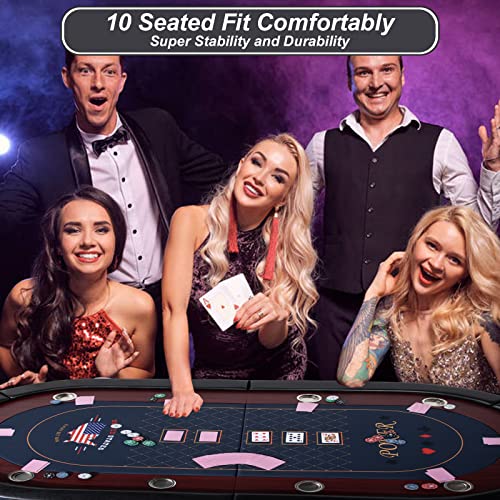 LED Poker Table, 10 Player Foldable Texas Holdem Table w/Inlaid LED Light, 2 USB & 2 Type-c Ports