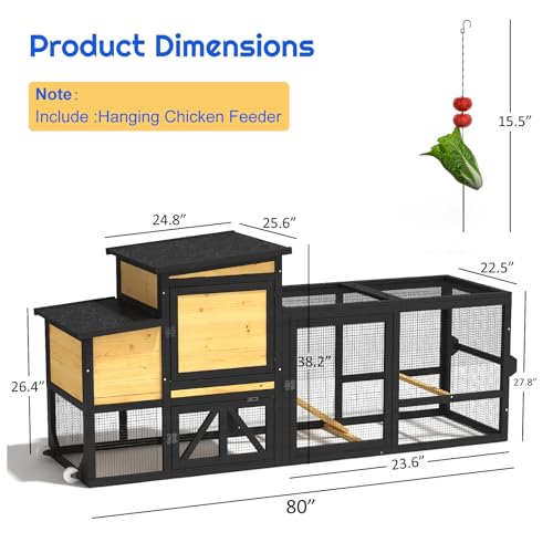 80'' Chicken Coop with Nesting Box, Outdoor Duck Coop, Chicken House for Outside, Wooden Chicken Coops with Run & Waterproof Asphalt Roof