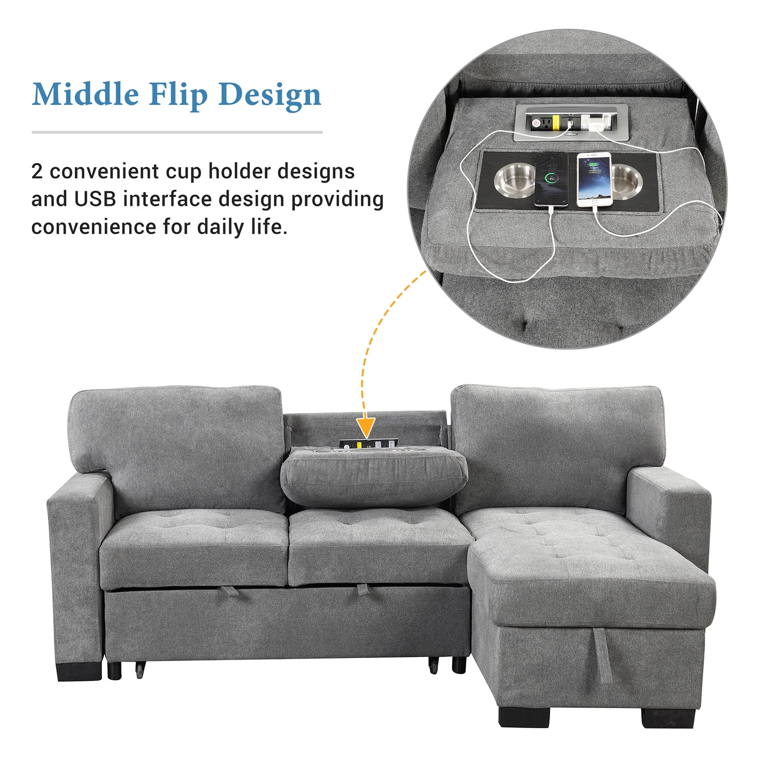 Churanty Functional Sectional Pull Out Sofa Bed with Storage L Shaped Corner Sofa Couch with Drop Down Table and USB Charger for Small Apartment,Gray
