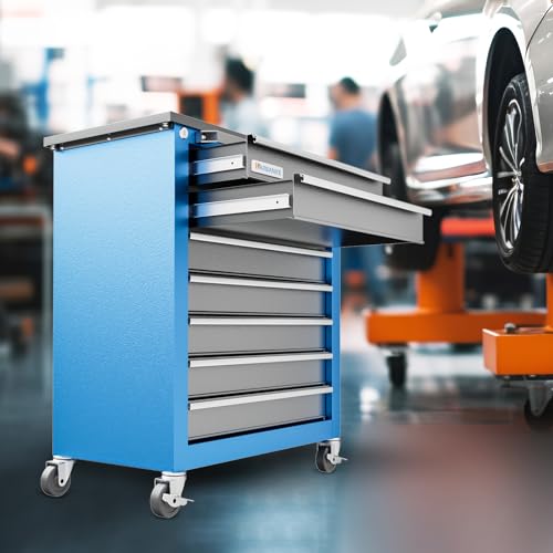 7-Drawer Rolling Toolbox,Tool Box with 360° Lockable Wheels and Padded Feet,Tool Chest with Keyed Locking System and Drawer Liners