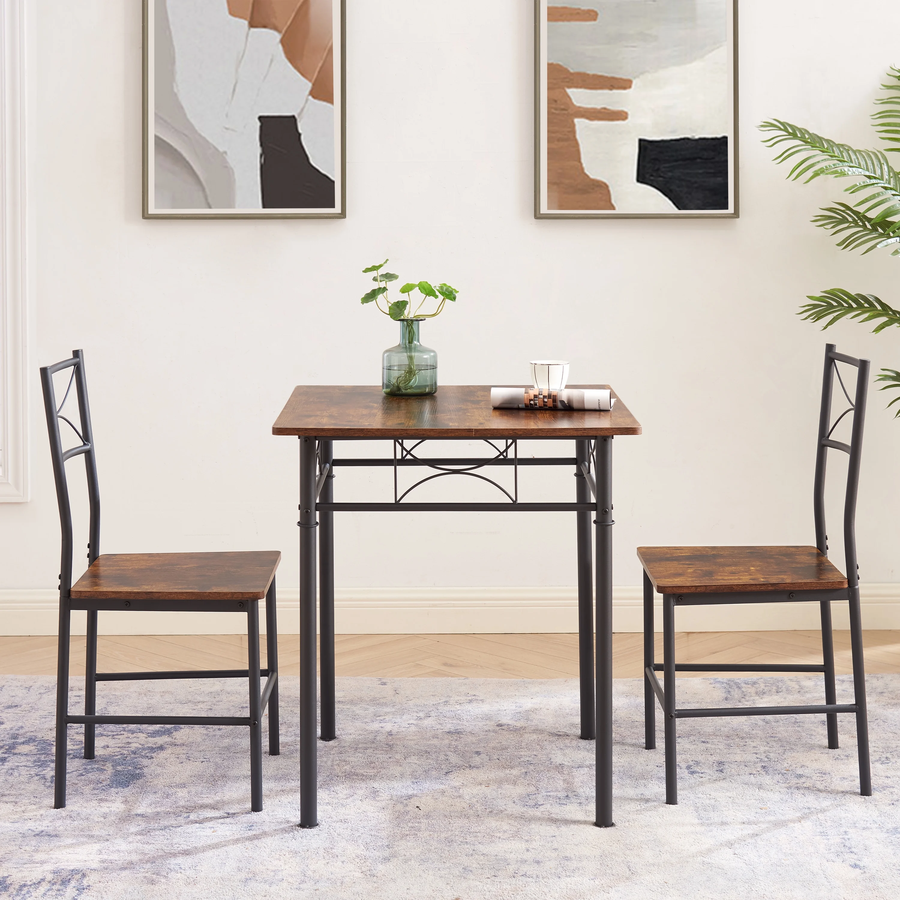 Dining Room Set for 2, Seizeen Kitchen Table Set with Chairs, Modern Metal Dining Set with Black Frame and Retro Brown Finish