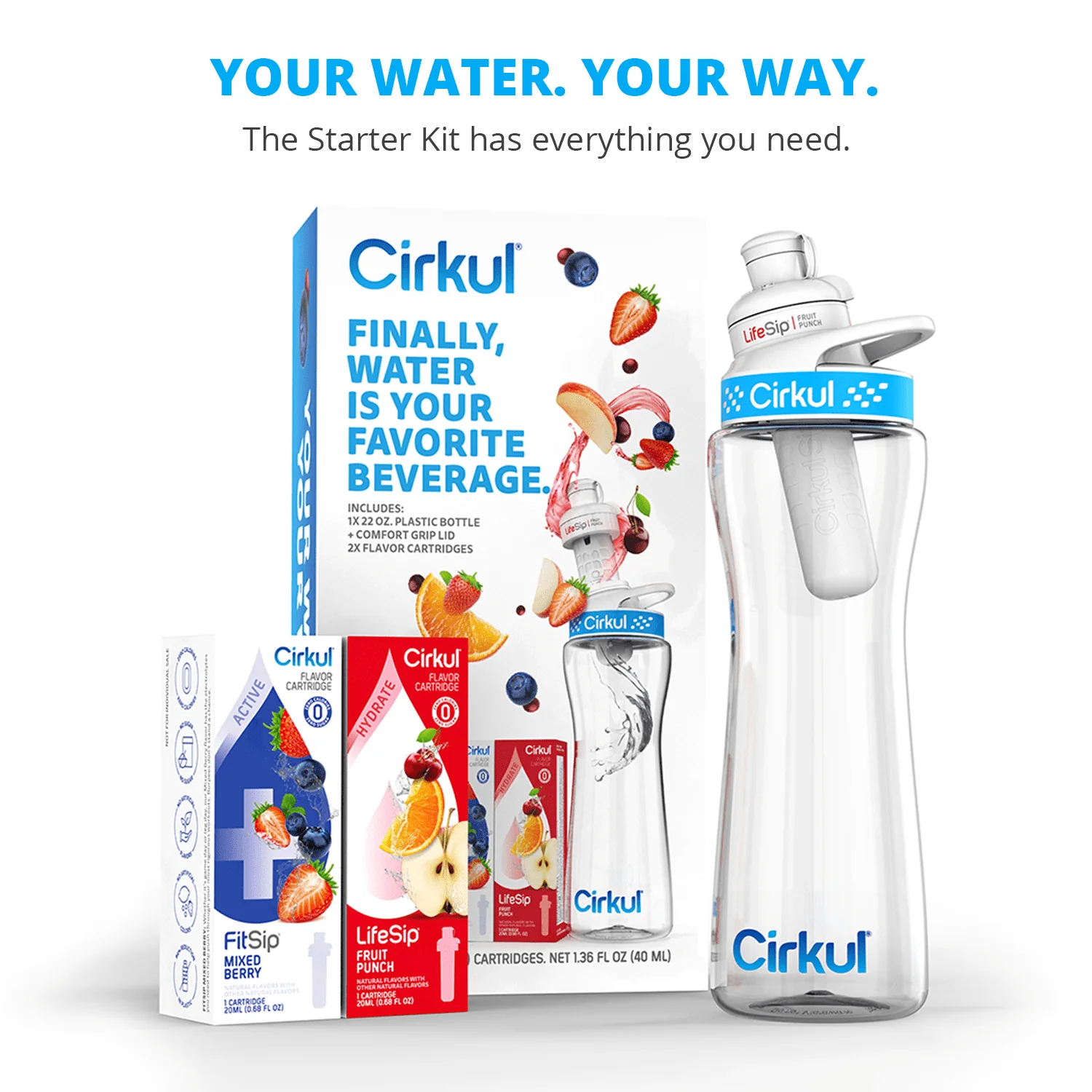 Cirkul 22oz Plastic Water Bottle Starter Kit with Blue Lid and 2 Flavor Cartridges (Fruit Punch & Mixed Berry)