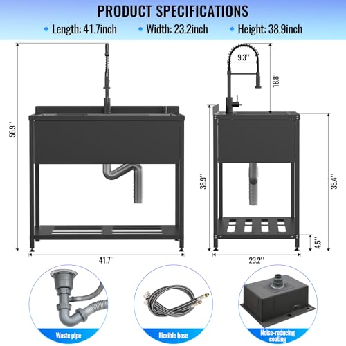 Stainless Steel Utility Sink, 36.6" × 24.2" × 36.6"Freestanding Sink with Cold and Hot Water Faucet,Hoses and Drain Kit for Kitchens, Bathrooms