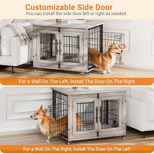 Lulive Dog Crate Furniture for Medium Dogs, 32'' Dog Kennel Indoor with Cushion & Wheels Wooden Dog Cage Double Doors Dog Crate End Table, Grey