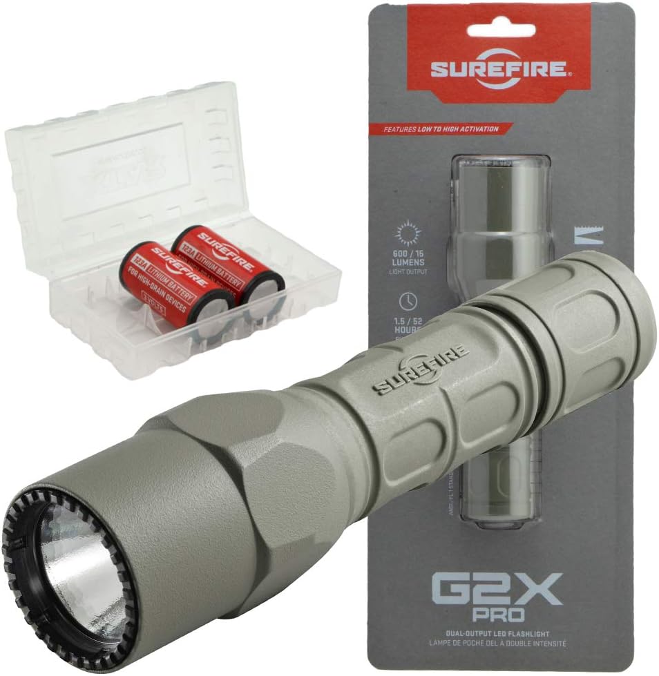 SureFire G2X Pro 600 Lumen Tactical EDC Flashlight Bundle with 2 Extra CR123A Batteries and Lightjunction Battery Case (Tan)