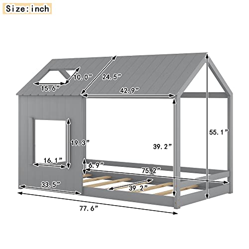 Harper & Bright Designs Twin Size Kids House Bed, Montessori Floor Bed Twin with Roof and Window