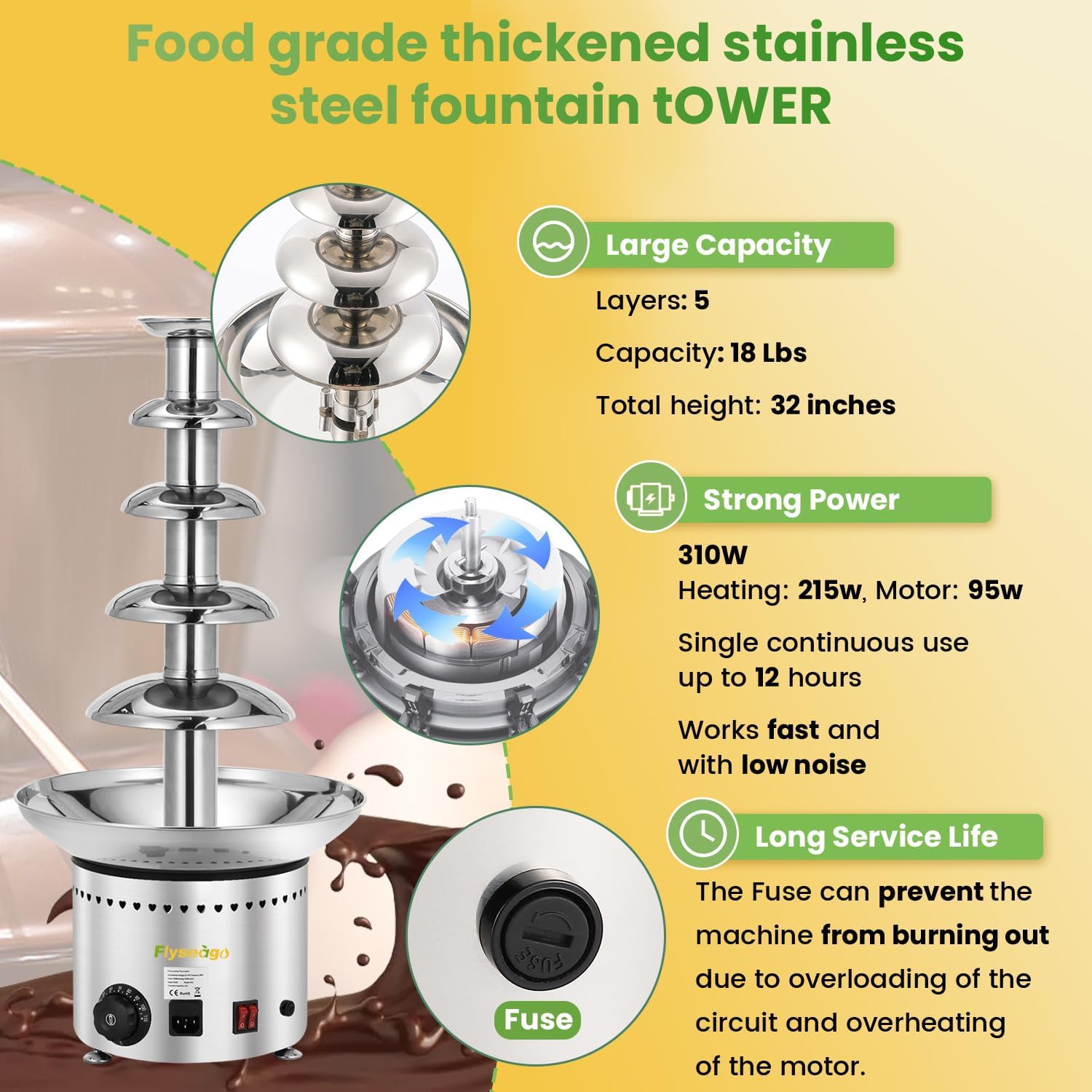Commercial Chocolate Fountain 5 Tiers 13.2 Lbs Nacho Cheese Fountain Stainless Steel Hot Fondue Fountain Machine for Bakery, Party, Gathering