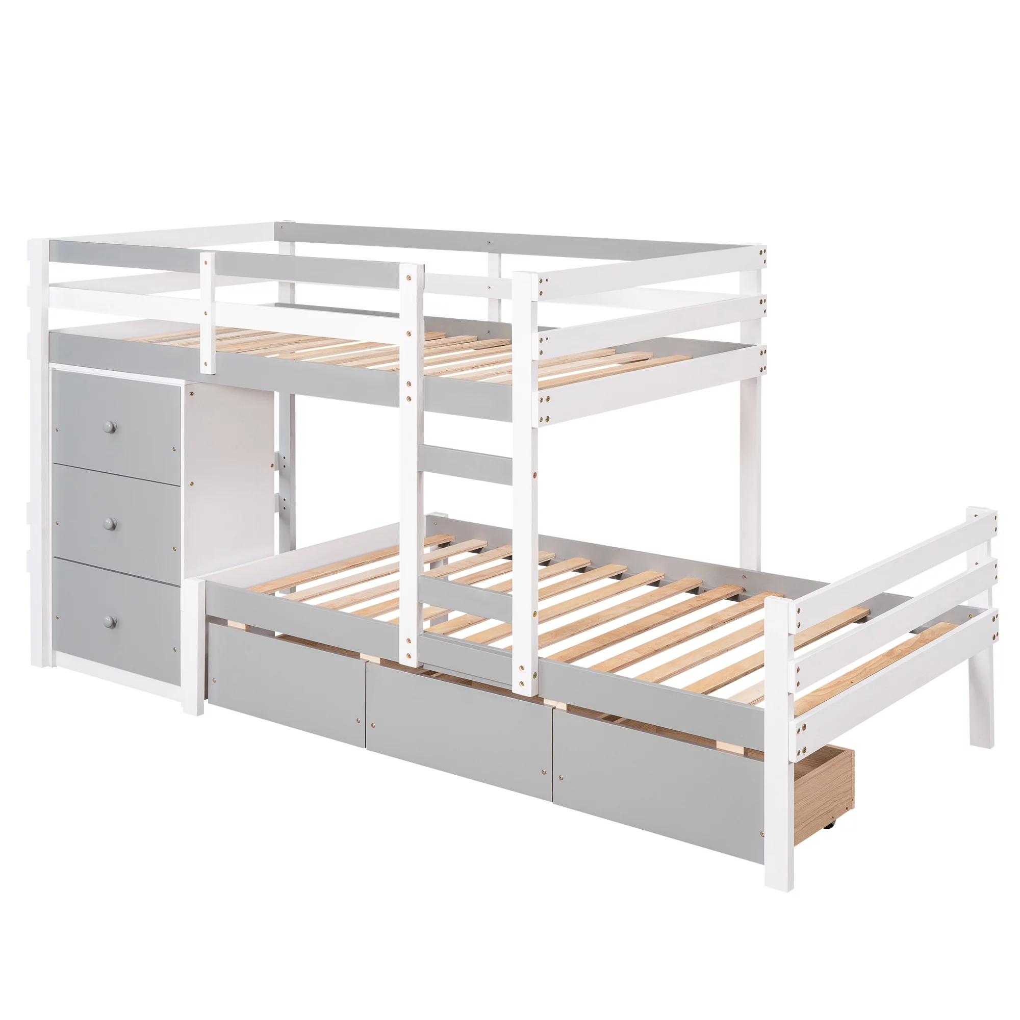 Euroco Twin over Twin Bunk Bed with Six Drawers for Kids Room, Gray