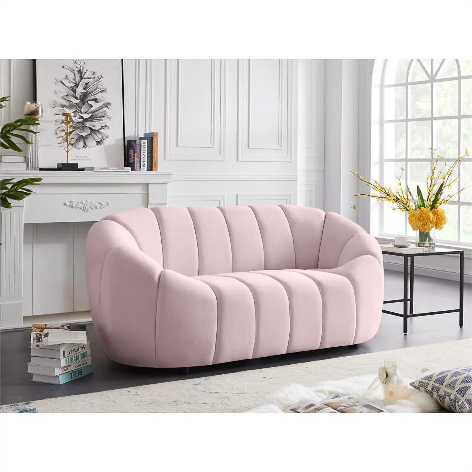 Maklaine Contemporary Upholstery Pink Velvet Loveseat
