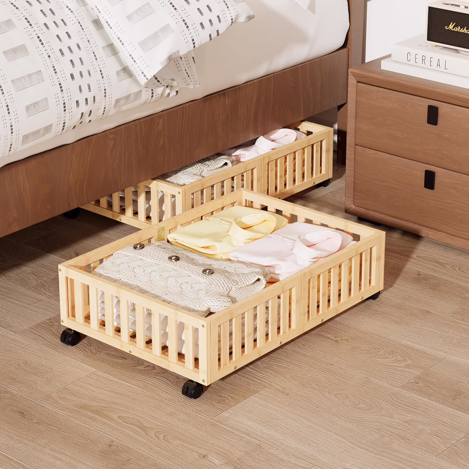 Bamboo Under Bed Storage with Wheels (2-Pack) – Rolling Underbed Shoe Organizer Box for Shoes, Blankets, Toys