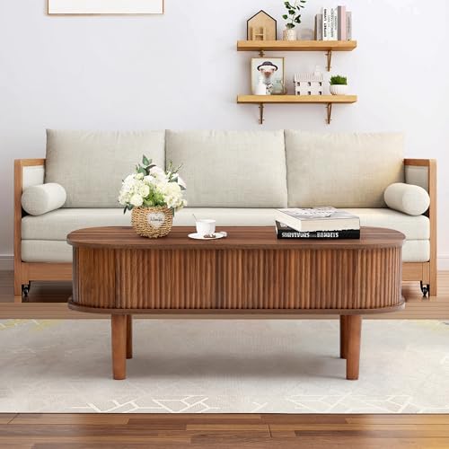 Fluted Lift Top Coffee Table with Hidden Compartment, Fully Assembled Wooden Center Table, Modern Oval Lift Tabletop for Home Living Room Office