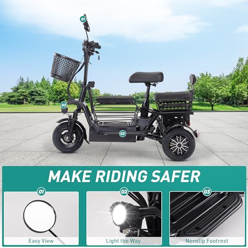 Electric Tricycle for Adults, Foldable Ebike for Seniors with 3 Seats and Storage Baskets for Shopping, 400W 48V Electric Trike up to 18 MPH