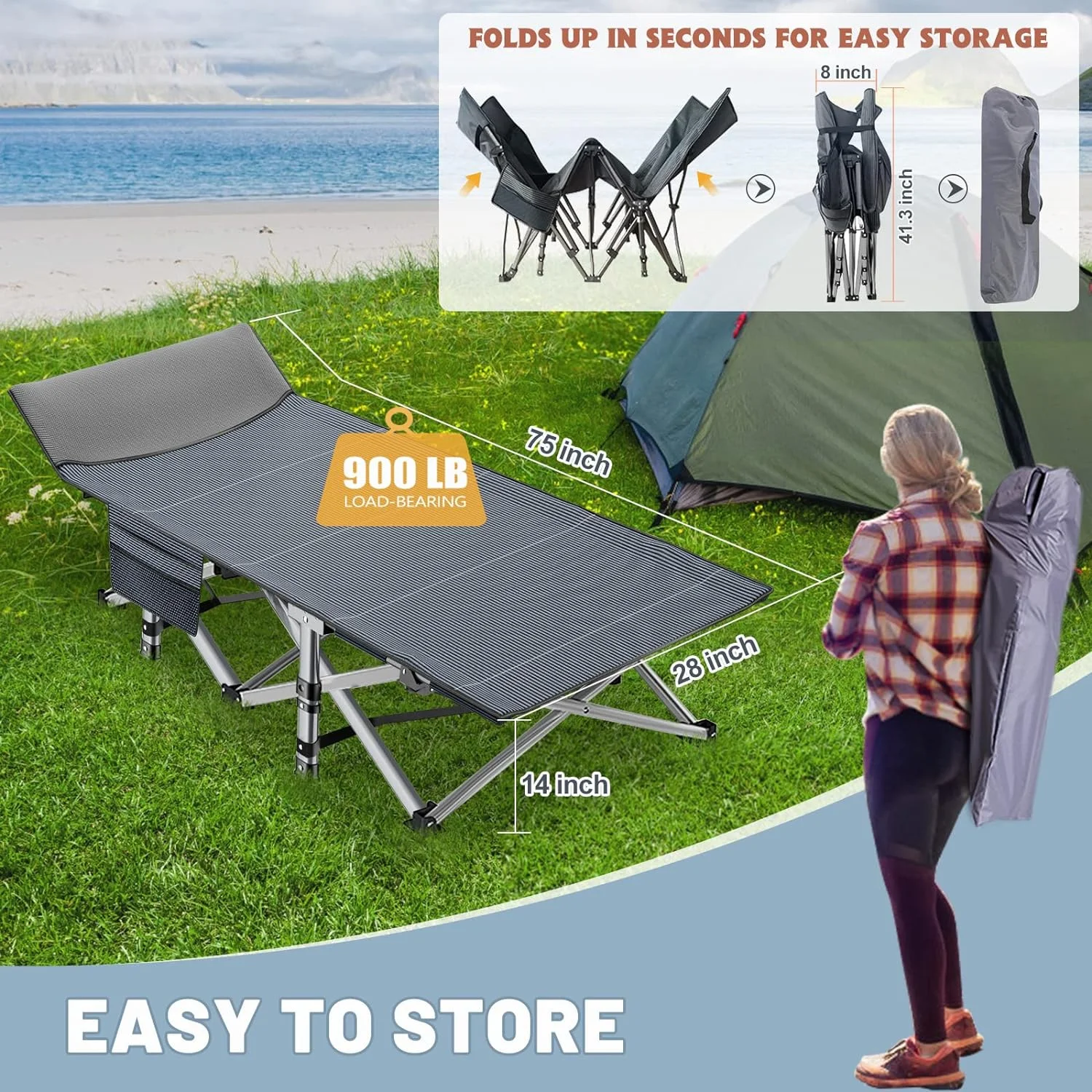 ABORON Oversized XL Folding Sleeping Cots for Adults, 900lb Loading Double-Layer 1200D, Heavy Duty Guest Bed W/Mattress & Carrying Bag