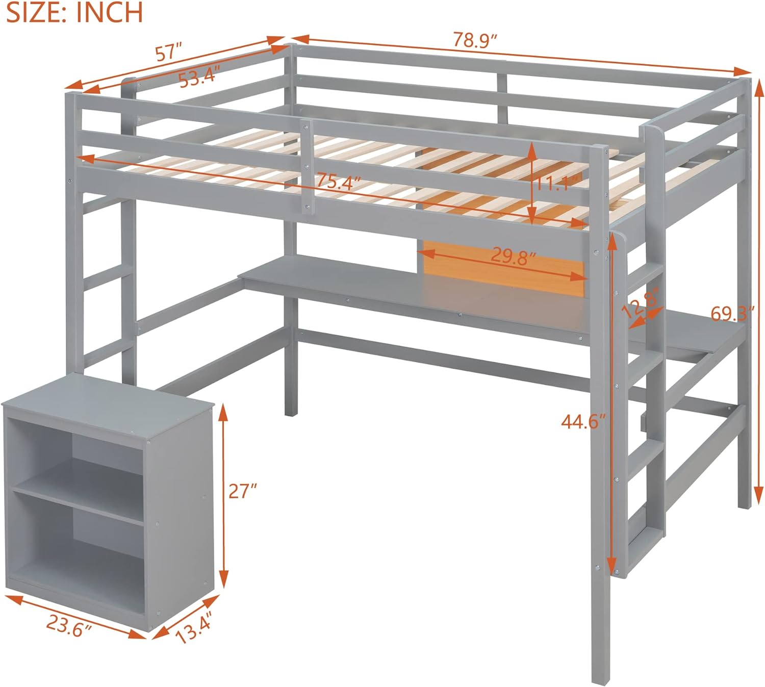 Full Size Loft Bed Frame With Desk, Storage Shelves And Writing Board, Wood Loft Beds With Two Ladders And Moveable 2-Shelf Cabinet