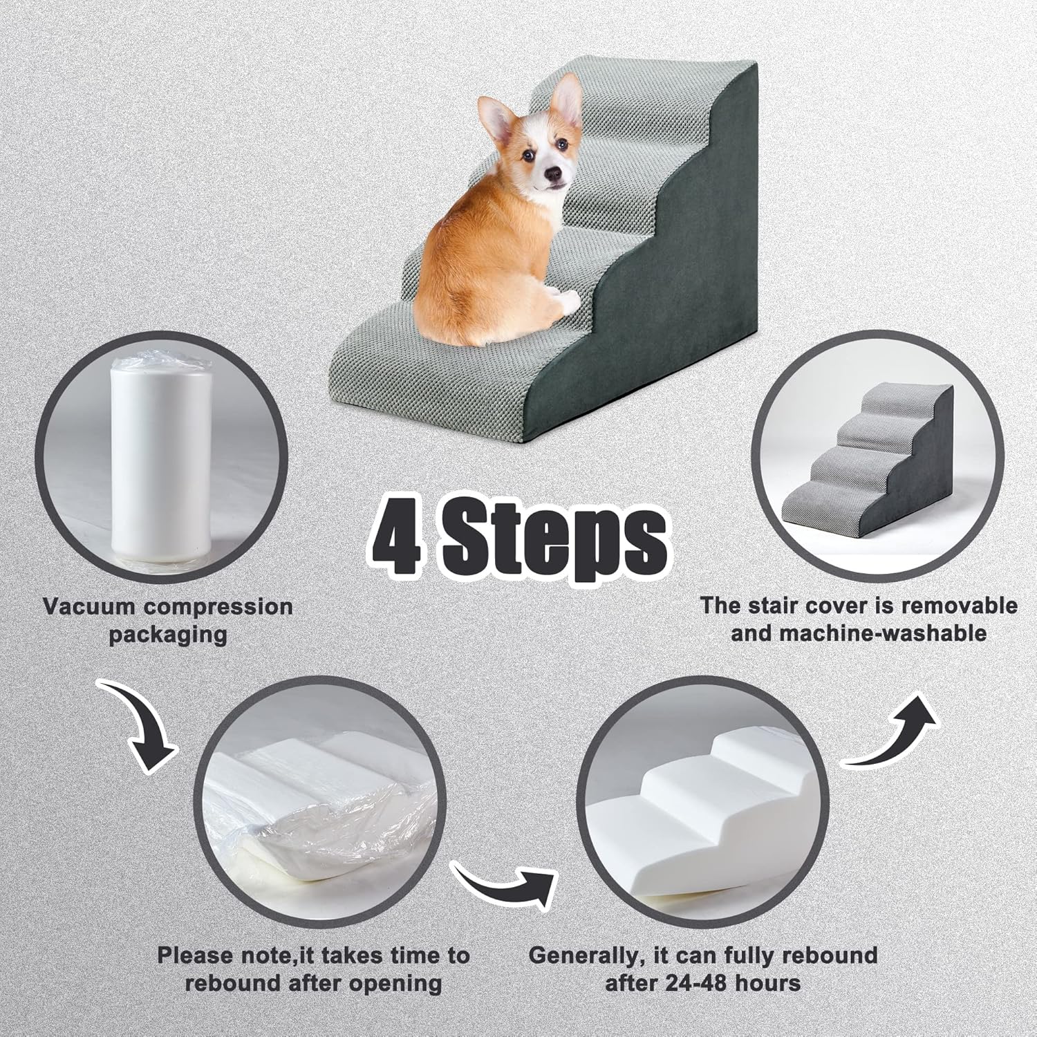 MALOROY Foam Dog Ramps, Dog Stairs Ladder Pet Ramp Stairs Non-Slip Pet Step for Older Dogs, Pet with Joint Pain, Sofa Bed Ladder for Cats (Grey)