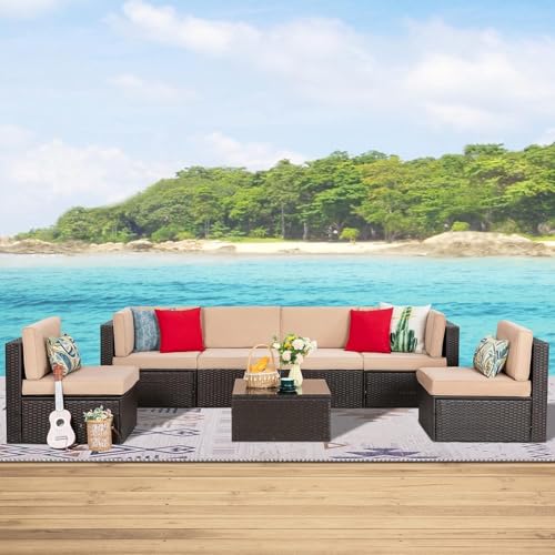 Shintenchi 6 Pieces Patio Furniture Sets Outdoor All-Weather Sectional Patio Sofa Set PE Rattan Manual Weaving Wicker Patio Conversation Set with