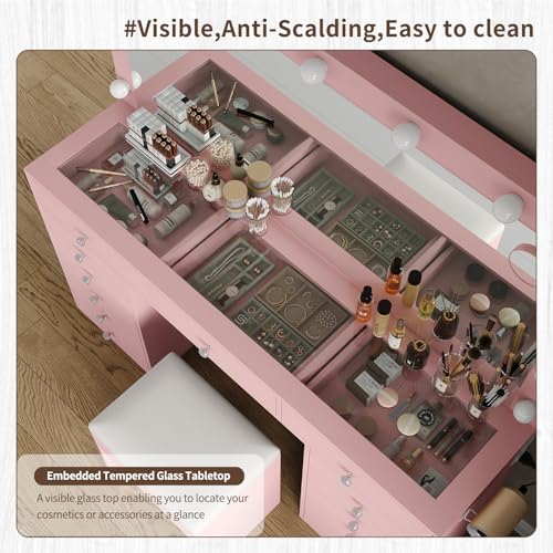 55" W Vanity Desk, Makeup Vanity with Charging Station, 15 Drawers with Lighted Mirror, 3 Lighting Modes, Brightness Adjustable, Glass Top