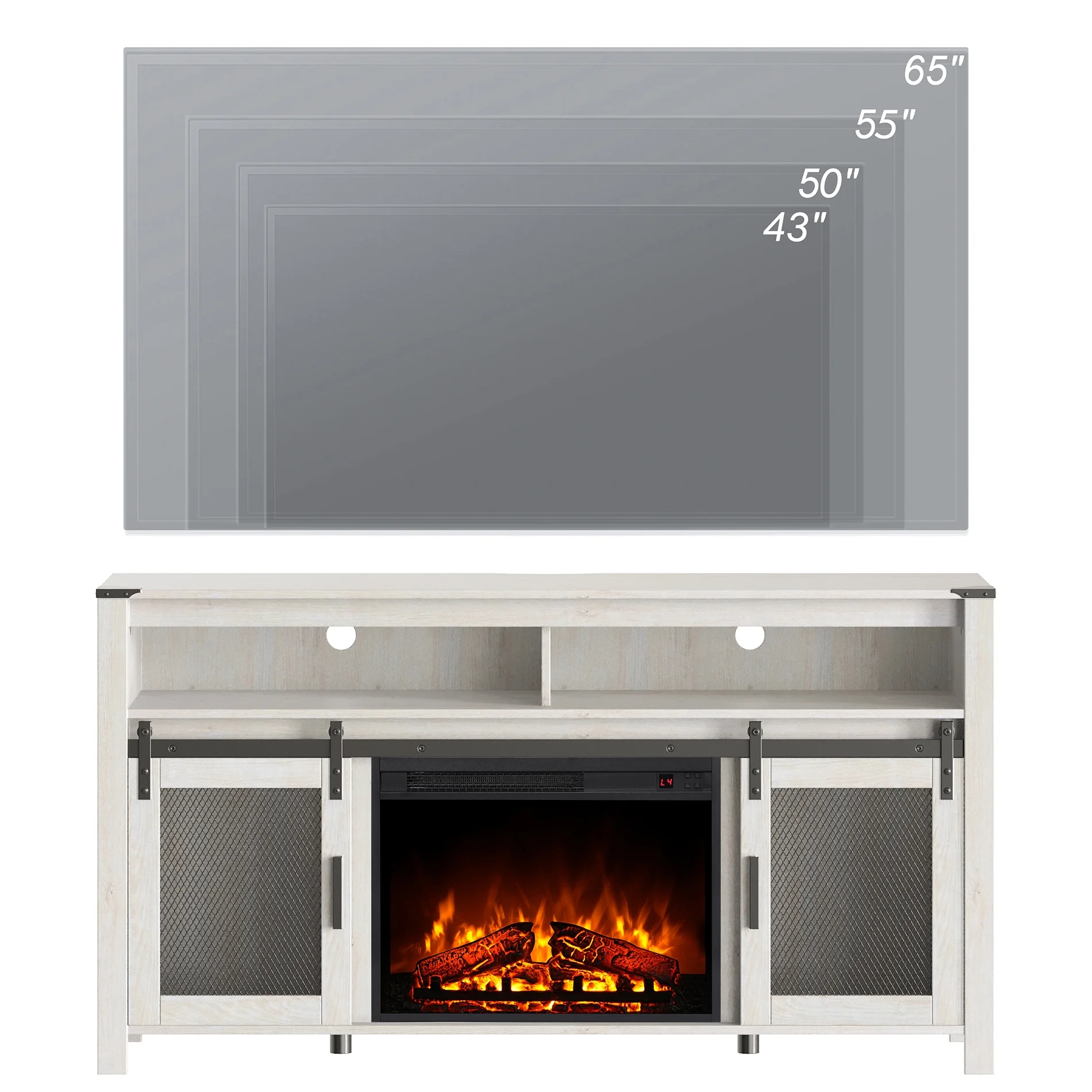 WAMPAT Farmhouse Fireplace TV Stand for 65+ Inch TV, Highboy Entertainment Center with 23" Electric Fireplace & Mesh Barn Doors