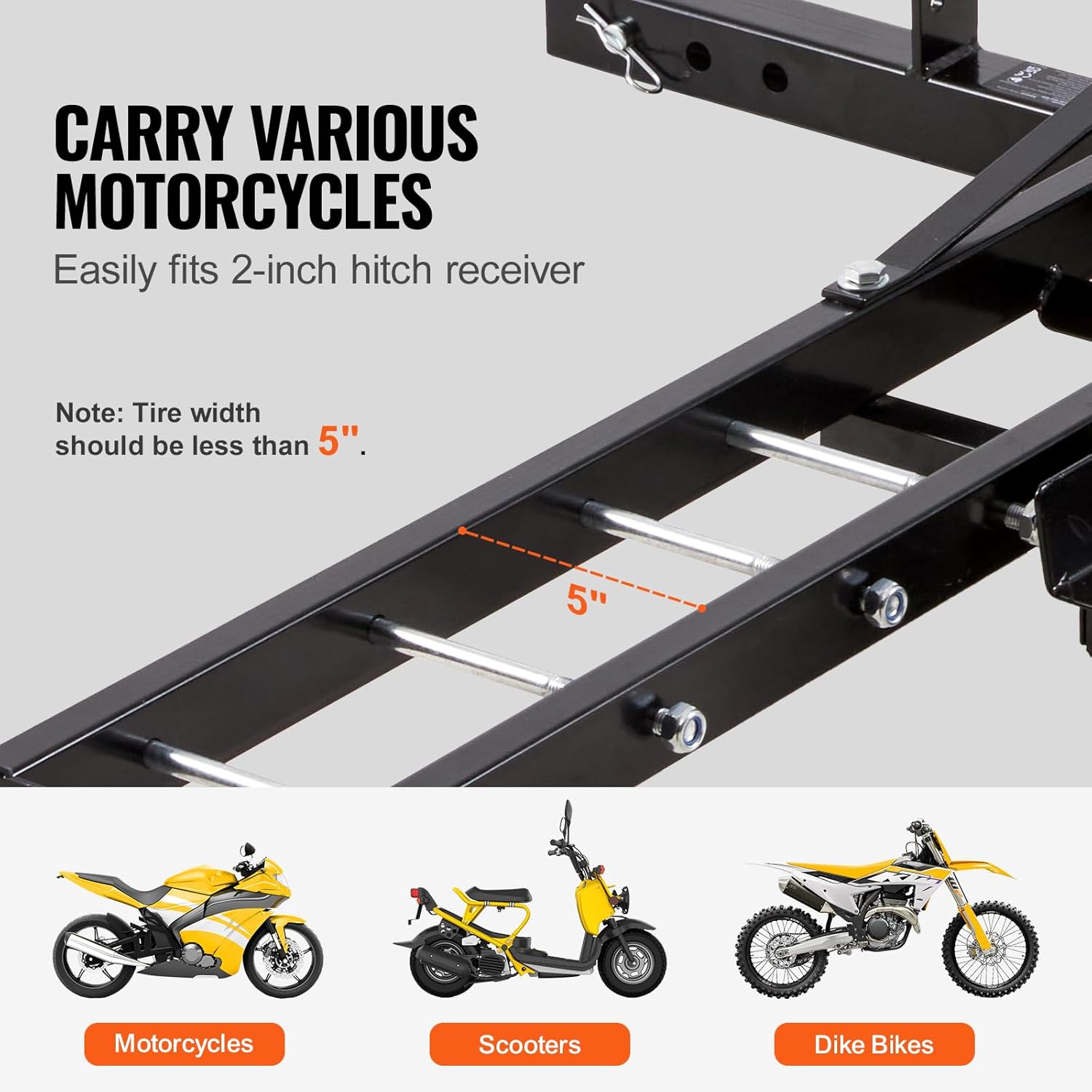 VEVOR Motorcycle Carrier, 600 LBS Steel Motorcycle Carrier Hitch Mount with Loading Ramp