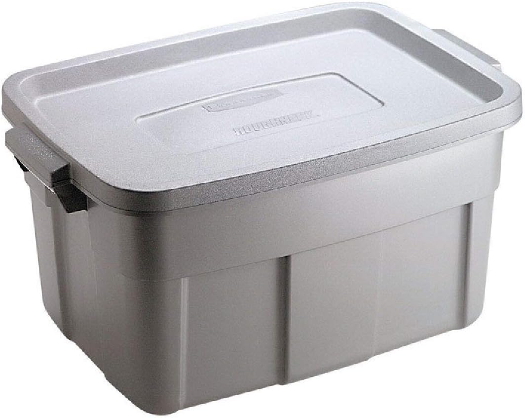 Rubbermaid Roughneck Tote 14 Gallon Stackable Storage Container with Stay Tight Lid & Easy Carry Handles, Black/Cool Gray (6 Pack)