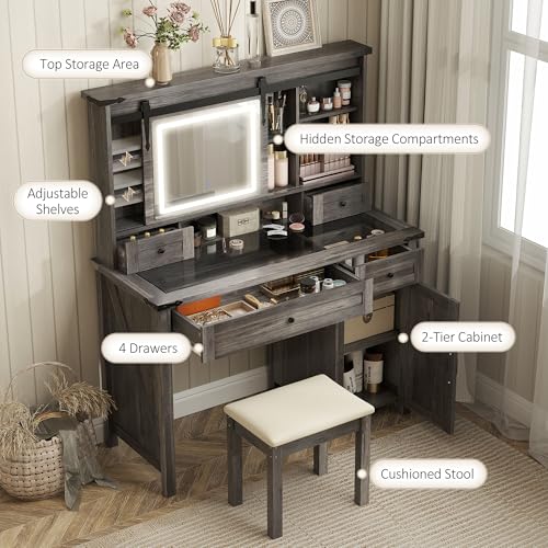 HOMCOM Farmhouse Vanity Desk with Mirror, LED Lights Makeup Vanity Table with 42 Inch Glass Tabletop, Cushioned Stool, Drawers & Shelves & Cabinet