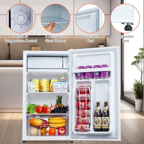 ACONEE Mini Refrigerator Compact Fridge with Freezer, Small Refrigerator Stainless Steel Double Door, 5 Adjustable Thermostat Control