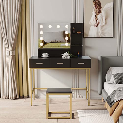 Vanity Table Set with Make Up Round Mirror and Stool, Modern Dressing Table with Storage Drawer for Women Bedroom Small Spaces, White
