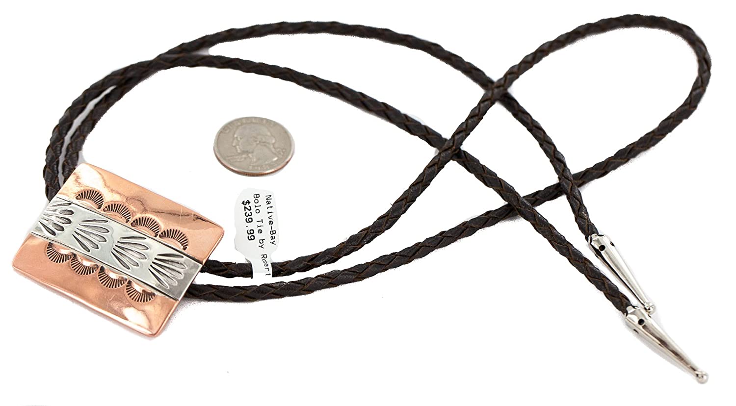 Handmade Certified Authentic Navajo Leather Pure Copper and Nickel Native American Bolo Tie