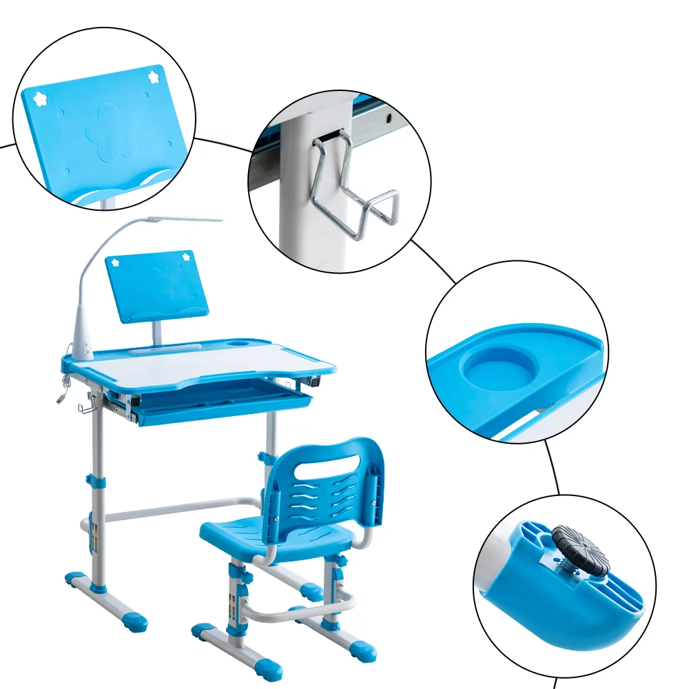 Kids Desk and Chair Set, Height Adjustable Children Study Table with Led Light, Bookstand, Wood Tiltable Anti-Reflective Tabletop