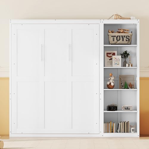 Harper & Bright Designs Full Size Murphy Bed Wall Bed with Storage Shelves, Drawers and LED Lights