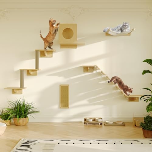 MeowHomm Cat Wall Shelves, Set of 5 Wooden Cat Wall Furniture with Cat Condo, Cat Scratching Post with 3 Steps, Bridge, Cat Hammocks and Scratcher