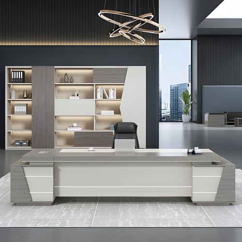 Modern Gray L-Shaped Executive Desk with Cord Management, Modern Workstation Computer Desk with Side Cabinet