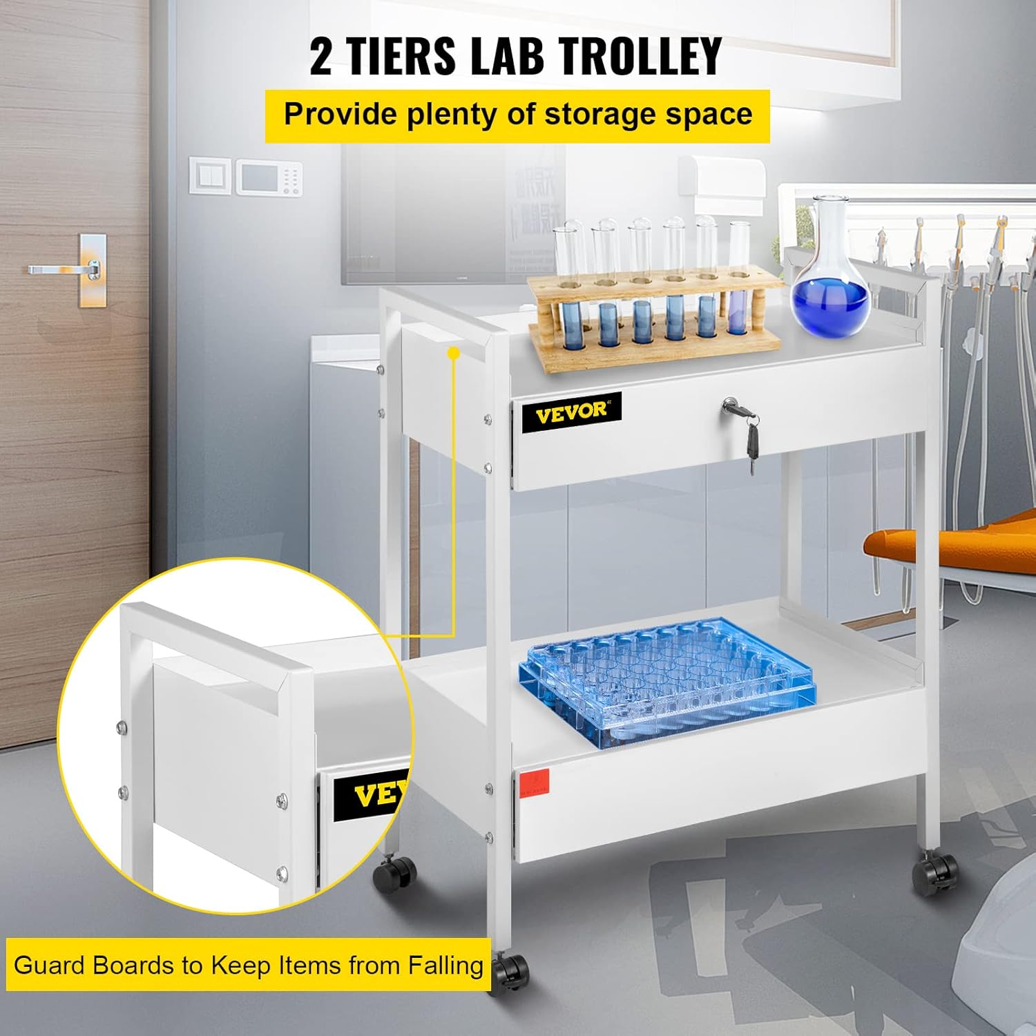 VEVOR Lab Cart, 2 Tiers Lab Trolley, Steel Lab Utility Cart, 360° Rolling Lab Cart, Locking Drawer Stainless Steel Lab Cart
