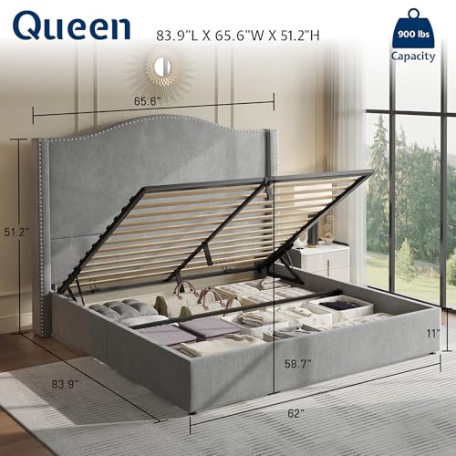 Jocisland Lift Up Storage Bed Queen Size, Upholstered Platform Bed Frame Tall Headboard Wingback