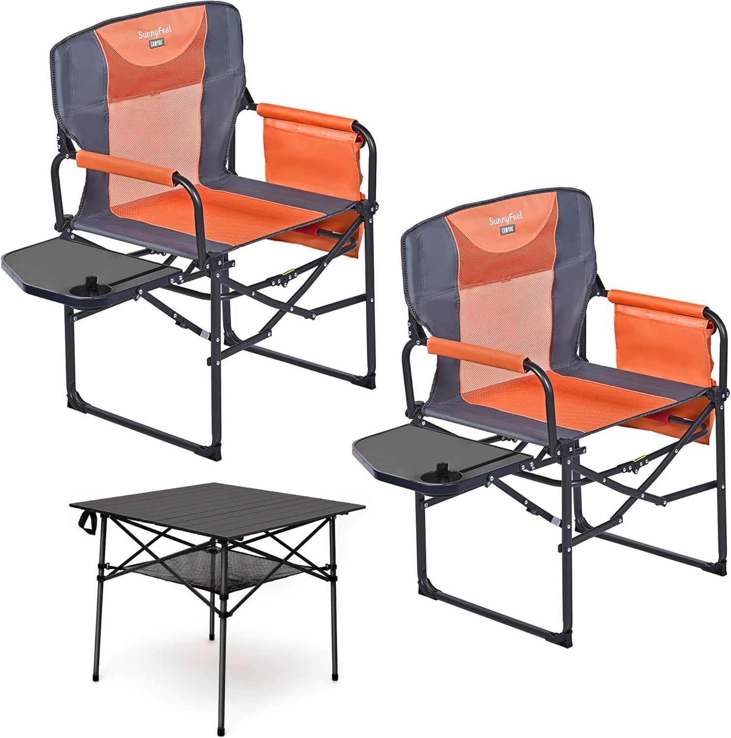 SUNNYFEEL Camping Directors Chair 2 Pack with Aluminum Outdoor Folding Table, Oversized Portable Folding Chair with Pocket for Beach, Fishing,Trip