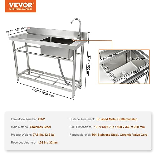 VEVOR Stainless Steel Utility Sink, 1 Compartment Free Standing Small Sink w/Workbench Faucet & legs