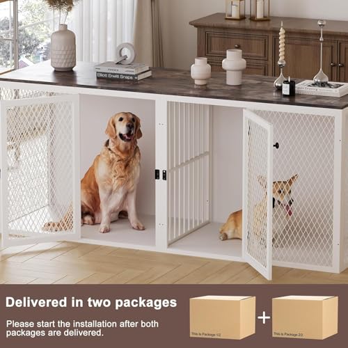 71 Inch Dog Crate Furniture for 2 Dogs, XXL Double Cage with Removable Divider & Large Doors, Heavy Duty Wooden Dog Kennel, Indoor Pet House (Black