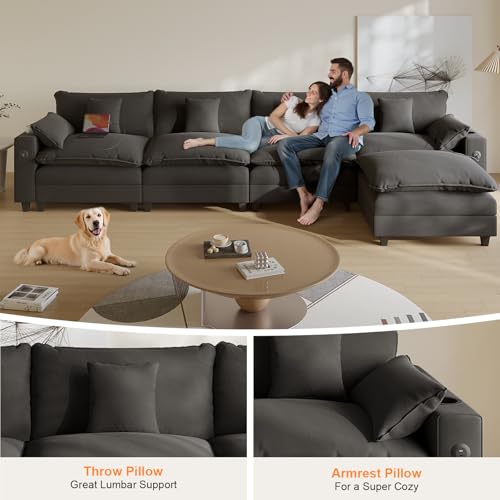 Modular Sectional Sofa, Cloud Couch with Ottoman, Charging Station, Throw Pillows, Cup Holders, Modern Convertible U Shaped Couches for Living Room