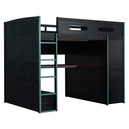Modern Full Size Gaming Loft Bed with Built-in Desk and Storage Wardrobe, Wood Loft Bed Frame with Light Strip and 2 Drawers