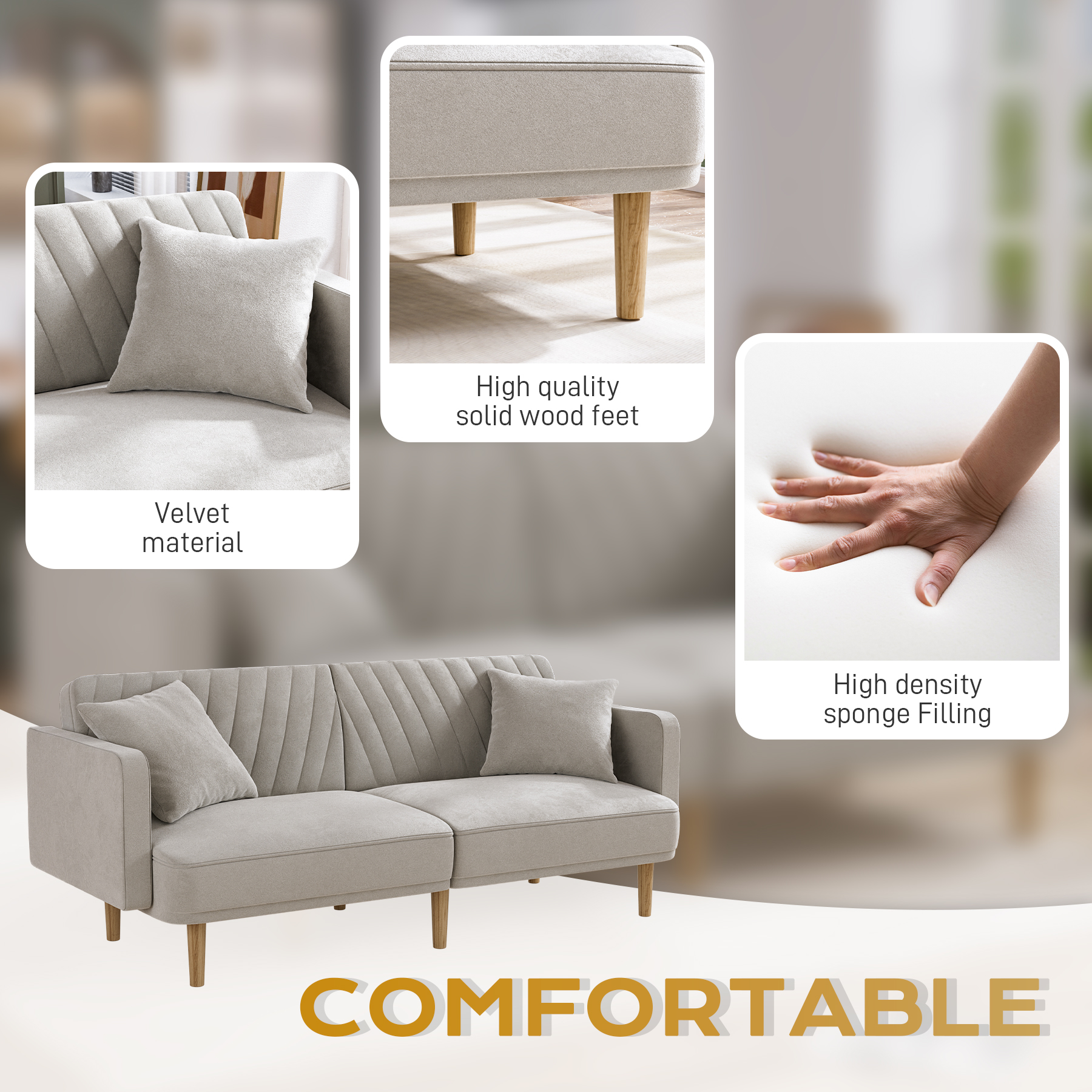 Rophefx Upholstered Tufted Velvet Futon Sofa Bed with 2 Pillows, Modern Convertible Futon Couch with 3 Adjustable Backrest Angles for Apartment