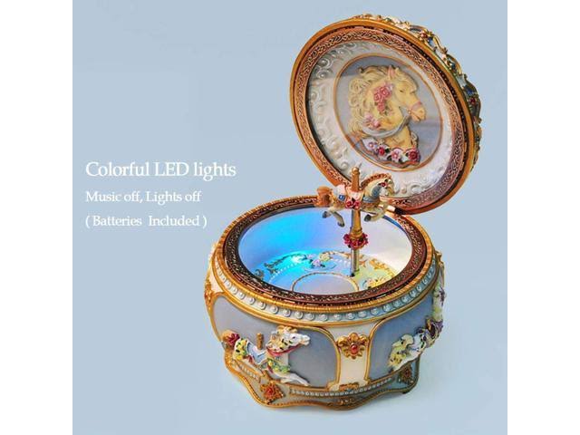 Amperer Classical Carousel Horse Music Box LED Lights Twinkling Resin Carved Collectible Mechanical Musical Box with Sankyo 18-N