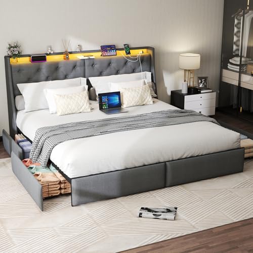 Queen Bed Frame with 2 Storage Drawers, Platform Bed Frame Queen Size with LED Light, Upholstered Headboard, Charging Station, Steel Slat Support