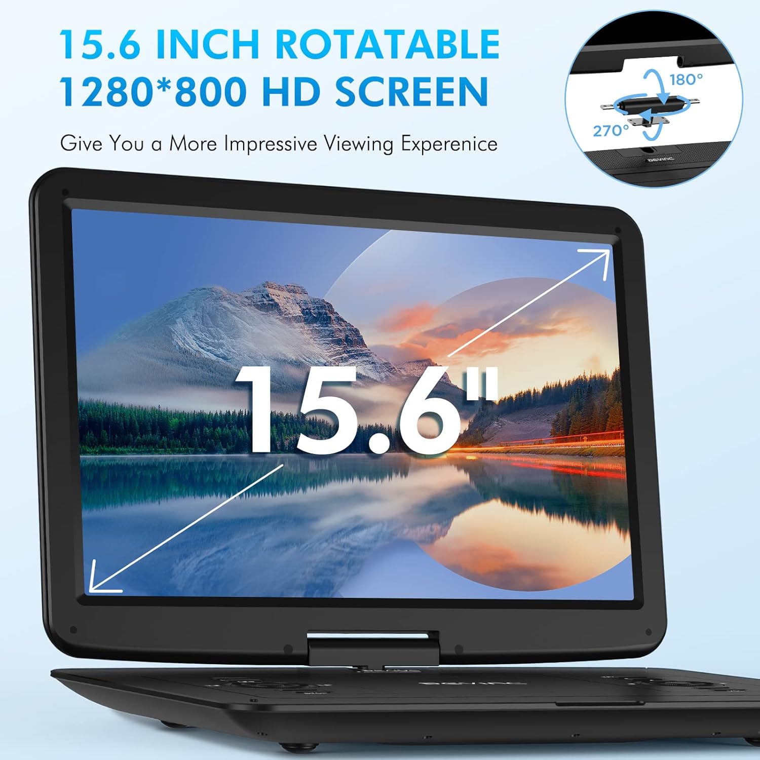 17.9" Portable DVD Player with 15.6" HD Swivel Screen, Support Multiple DVD CD Formats/USB/SD Card/Sync TV, 6 Hours Rechargeable Battery, Car Charger