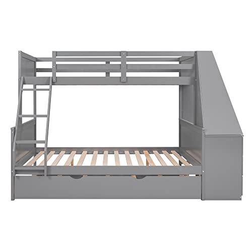 Twin Over Full Bunk Bed with Desk and Trundle, Wooden Bunk Beds Twin over Full Size with Storage Drawers and Shelf
