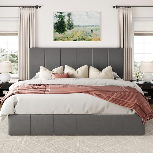 Allewie Queen Size Velvet Lift Up Storage Bed Frame, Vertical Channel Tufted Headboard, Hydrualic Underneath Storage, Upholstered Platform Bed